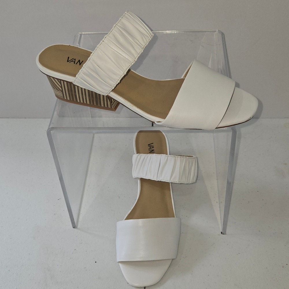 Van Eli White Leather Ruched Block Heel Slide Sandals Womens Size 9M AC192